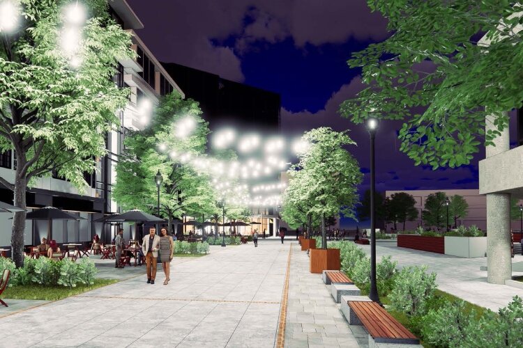 A nighttime rendering of conceptual update plans for City Hall Plaza.